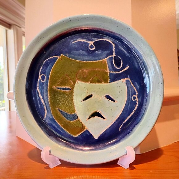 Artist Signed Pottery Comedy & Tragedy Mask Decorative Plate Wall Decor - Picture 1 of 5